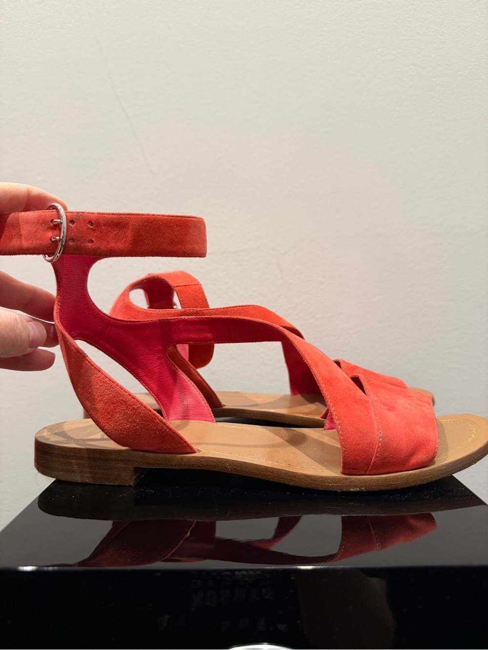 PRADA Red Suede Flat Ankle Strap Sandal Size 38 - Picture 3 of 6